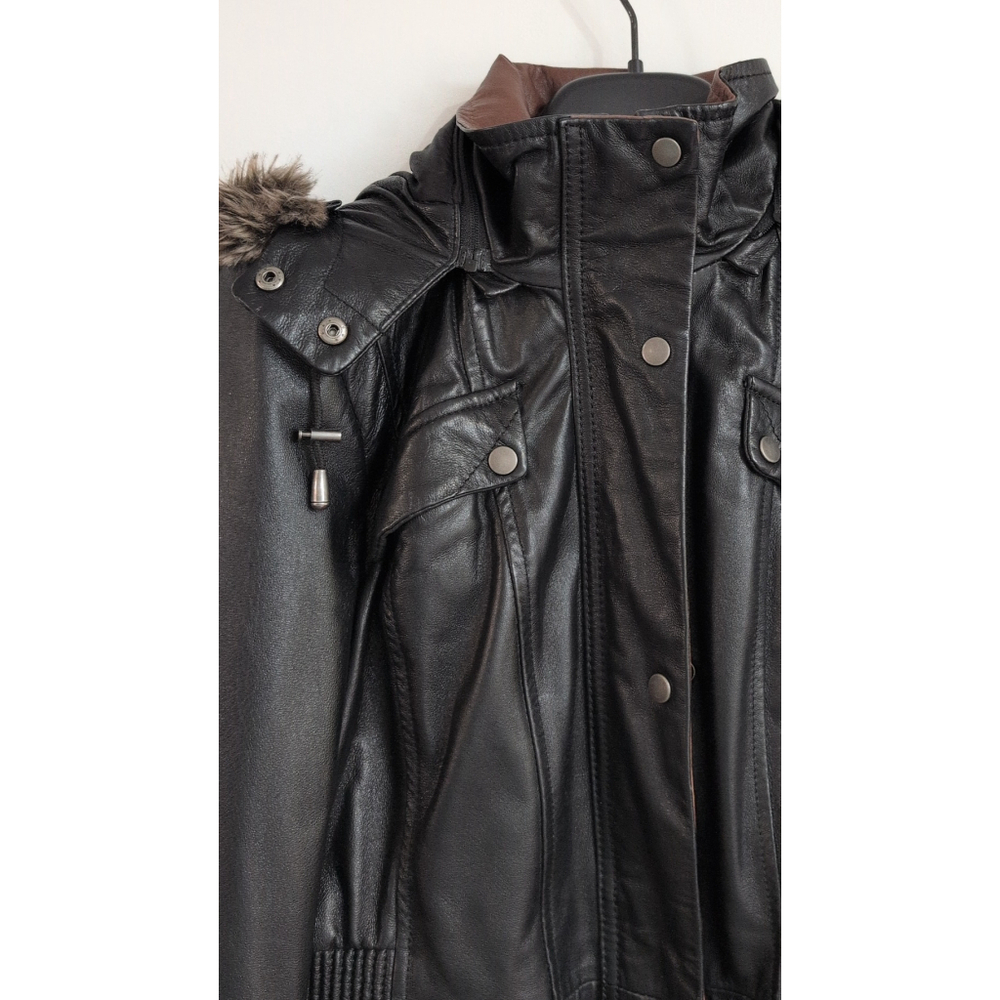 Danier Black & Brown Insulated zip up Leather Jacket w hood size 2XS p2p18" - Picture 4 of 8